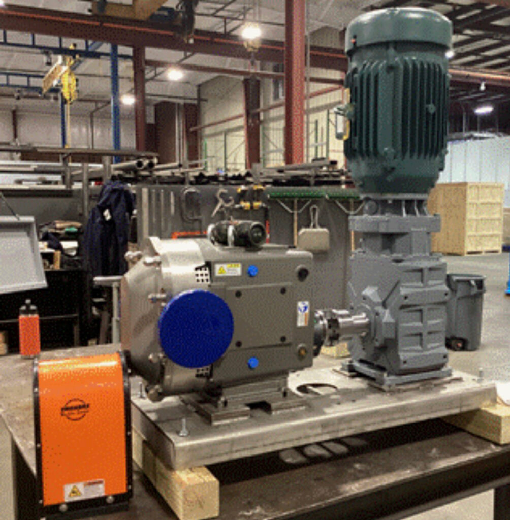 Waukesha U2-180 positive displacement pump with right-angle gearbox mounted on a stainless steel base