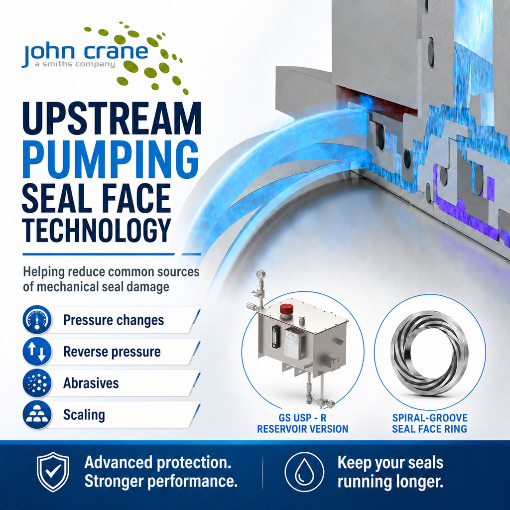 John Crane Upstream Pumping seal face technology for reducing mechanical seal damage in pump applications.